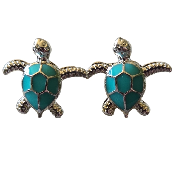 Source Unknown Jewelry - Turquoise Colored and Silver Turtle Earrings